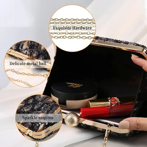 Vista 4 de Bolso de noche de lentejuelas brillantes para mujer, bolso de hombro con estampado de leopardo, bolso de fiesta de graduación