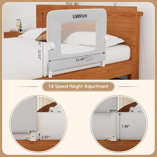 Vista 2 de Riel de cama para niños pequeños, riel plegable de 33 pulgadas, base en forma de T sin taladrar con bloqueo de seguridad, tela 3D suave, protector