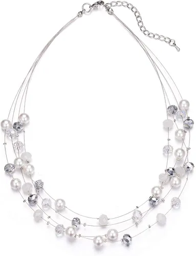 Vista 2 de Juego de collar con cuentas de perlas blancas y plata