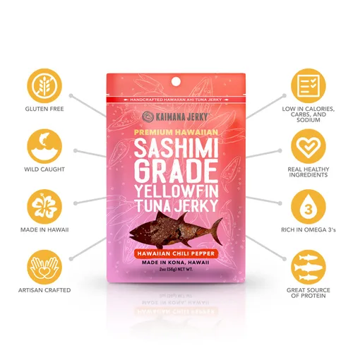 Vista 3 de Kaimana Ahi Atún Jerky, chile hawaiano, 2 onzas, capturado en la naturaleza, alto en Omega 3, totalmente natural, fabricado en los Estados Unidos