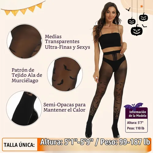 Vista 5 de MANZI Medias de Halloween para mujer, a rayas, con estampado de murciélagos y nailon Mallas con estampado de murciélagos
