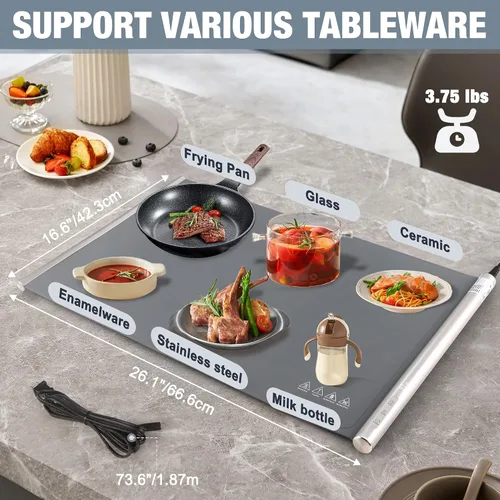 Vista 2 de HAUSHOF Tapete de calentamiento para alimentos, tapete eléctrico extra grande para calentar alimentos para encimera, bandeja de calentamiento rápido
