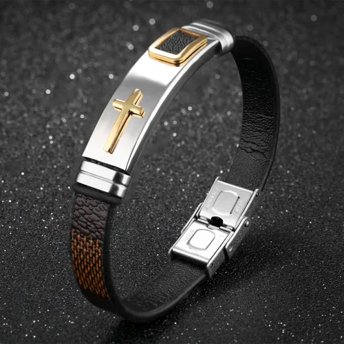 Vista 2 de StarLight Pulseras religiosas de cruz para hombre, acero inoxidable y cuero de silicona, para adolescentes, niños y hombres, Cuero de silicona,