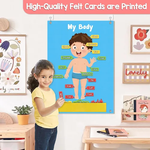 Vista 2 de AKAYOK 36 piezas de partes del cuerpo para niños, tablero de fieltro para niños pequeños, actividades de aprendizaje preescolar, cuerpo humano