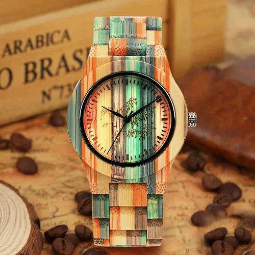 Vista 5 de Tiong Brand Wooden Watches Mens with Handmade Colorful Bamboo Wood Watch Analog Date Quartz Wooden Watch for Men