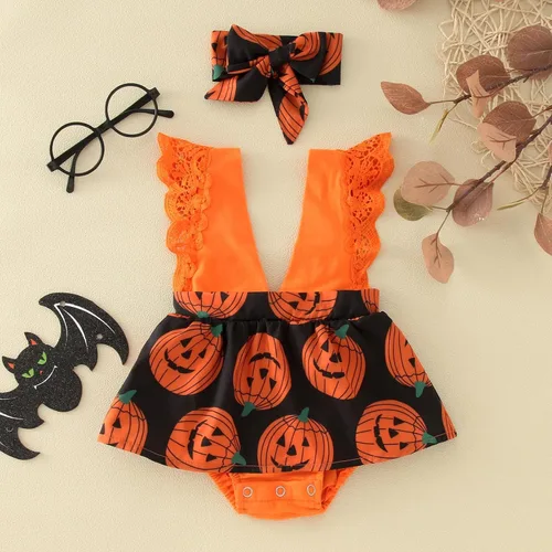 Vista 2 de Halloween Day Baby Girls Boys Cute Romper Dress 2pcs Lace Sleeveless V Neck Pumpkin Baby Dresses