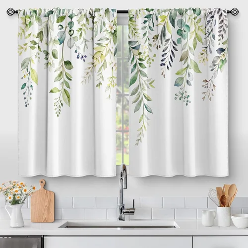 Vista 27 de Aimego Cortinas de Cocina de Eucalipto Primaveral - Hojas de Plantas de Acuarela Floral Azul con Cortinas de Nivel Botánico Floral para Cafetería