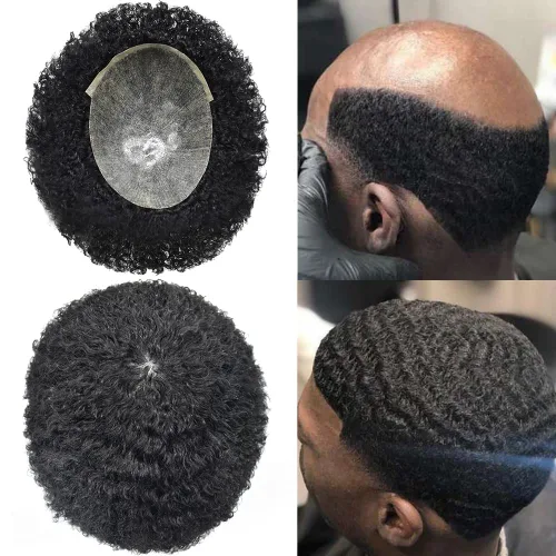 Vista 6 de Afro Toupee para hombres negros unidad de cabello humano para hombres negros postizo PU Ingección Afro Mens Toupee 4MM onda #1 negro azabache