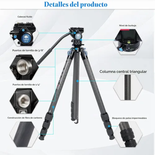 Vista 2 de SIRUI Trípode profesional de fibra de carbono con cabezal de video fluido de 360°, trípode de cámara de video de 72 pulgadas con columna central