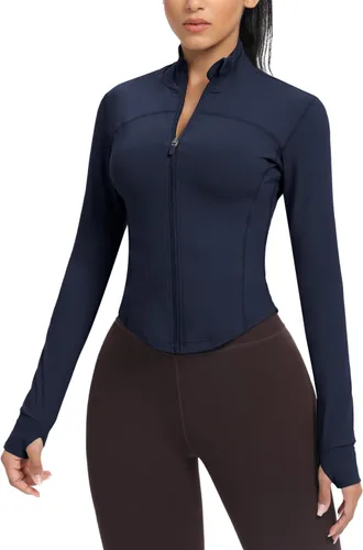Vista 12 de AVGO Chaquetas de entrenamiento recortadas para mujer, con cremallera, ajustadas, atléticas, con agujeros para el pulgar