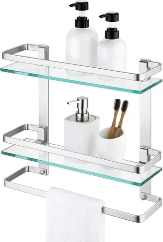 Vista 3 de KES Estante de vidrio templado para baño, estante de vidrio de almacenamiento de 2 niveles, rectangular con barra montado en la pared, acabado