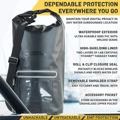 Vista 4 de Mission Darkness Dry Shield Faraday Tote 15L/ Bolsa seca impermeable para seguridad y transporte de dispositivos electrónicos, bloqueo de señal