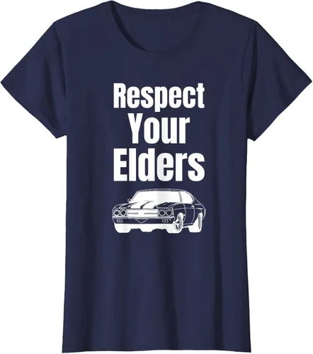 Vista 27 de Divertido regalo de auto para chicos – Respect Your Elders Classic Muscle Car Camiseta, Negro, S