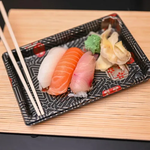 Vista 3 de Bandejas de sushi negras con tapas de 7.25 x 5 pulgadas, caja de embalaje desechable de sushi, contenedor de transporte, cajas para llevar