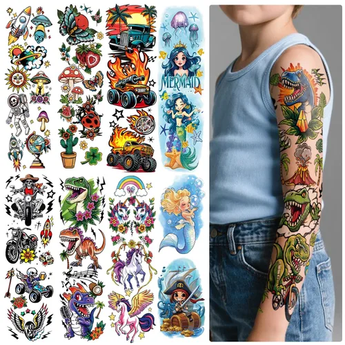Vista 11 de 52 hojas de tatuajes temporales para niños, manga completa, dinosaurio, unicornio, tiburón, delfines, elefante, animal, cara, tatuajes falsos