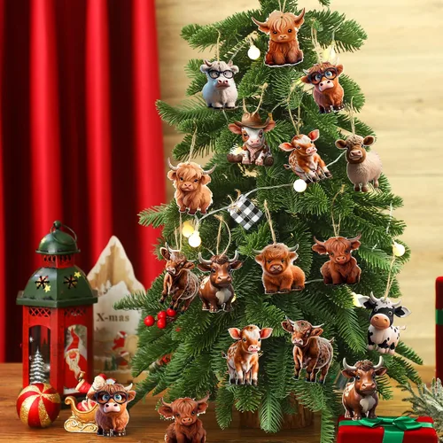 Vista 2 de Wenqik 36 piezas de decoración de madera de vaca de las tierras altas del oeste, juego de adornos de Navidad con bonitos recortes de ganado