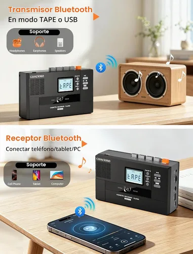 Vista 3 de Gracioso Convertidor de casete Bluetooth a MP3 con batería de 2000 mAH Transmisor y receptor Bluetooth Reproductor de cinta de casete con altavoz