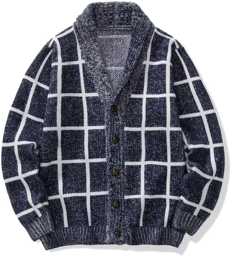 Vista 4 de Ropa de abrigo de punto fresco con frente abierto para hombre, cárdigan de primavera con solapa a rayas de retazos de manga larga suelto