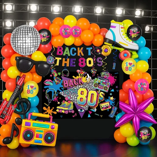 Vista 6 de Las decoraciones de fiesta de los años 80 incluyen telón de fondo, pancarta, espirales colgantes, globos de aluminio y látex, adornos para pasteles