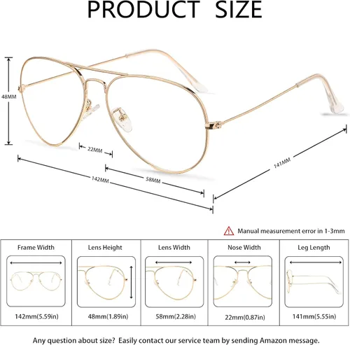 Vista 5 de Gafas de aviador clásicas para mujeres y hombres, marco de metal retro, lentes transparentes sin receta, 2.283 in