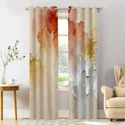 Vista 173 de Shrahala Beige and Orange Abstract Art Brushstrokes Blackout Curtain Tiers, Abstract Oil Paint Kitchen Valance Light Blocking Tier Drapes with Rod