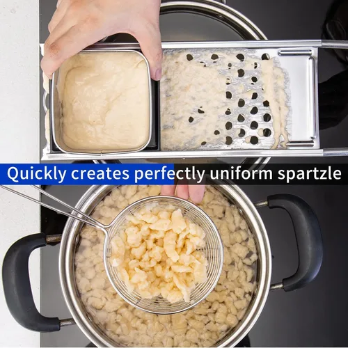 Vista 5 de Spaetzle Maker de acero inoxidable de grado premium ensanchado mango de plástico hecho en casa bola de masa de fideos de huevo tamaño perfecto