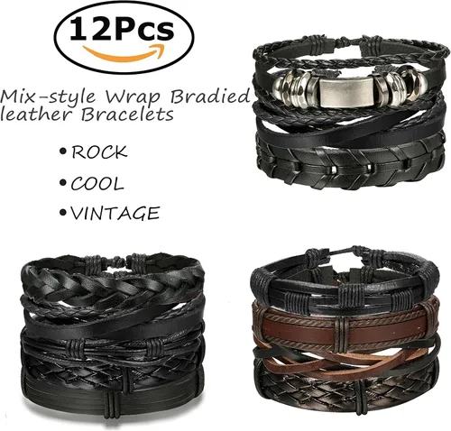 Vista 3 de Jstyle 12Pcs Braided Bracelet for Men Beaded Bracelets Wrap Leather Wooden Bracelets Adjustable