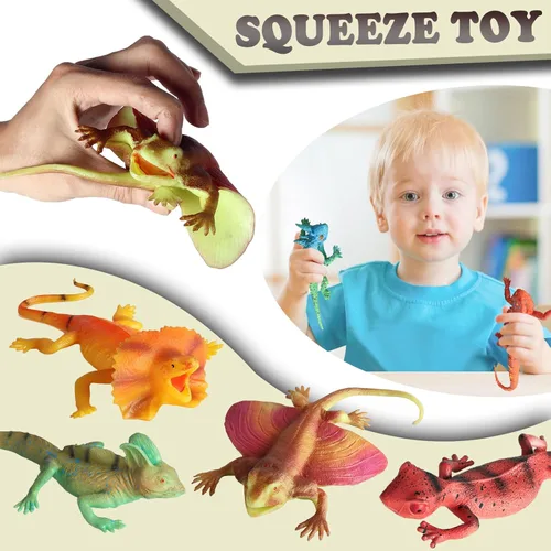Vista 2 de 8 piezas de juguetes de lagarto esponjosos, figuras de goma elásticas, juguetes de reptiles suaves realistas para niños, juego de figuras