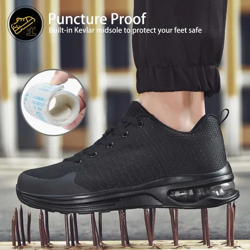 Vista 4 de LUPWEE Zapatos de punta de acero para hombres y mujeres, zapatos de trabajo de seguridad antideslizantes a prueba de pinchazos, cómodos tenis