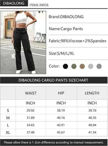 Vista 6 de DIBAOLONG Pantalones cargo para mujer, cintura alta, pantalones casuales de pierna ancha, pantalones Y2K, pantalones holgados militares, 6 bolsillos