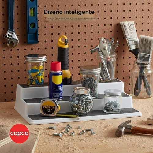 Vista 6 de Copco Organizador de especias antideslizante de 3 niveles para armario de cocina o despensa, estante escalonado de 15 pulgadas, blanco/gris, diseño