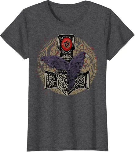 Vista 5 de Thors Hammer Mjolnir Huginn and Muninn Odin Raven - Camiseta, Negro, S