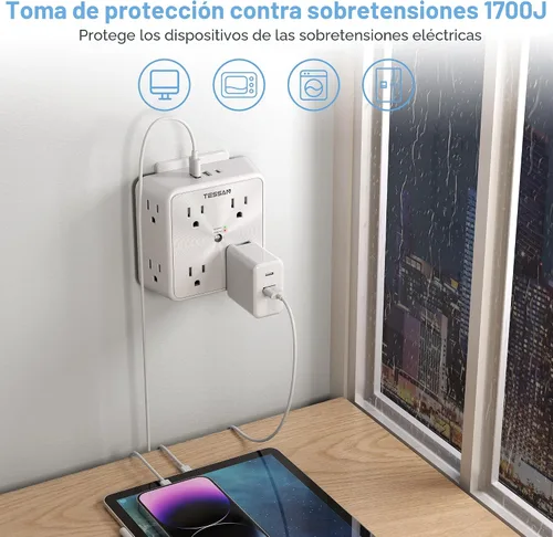 Vista 3 de Protector de sobretensiones Extensor de 8 salidas, TESSAN Divisor de múltiples enchufes con 3 cargadores de pared USB (1 USB C), tira