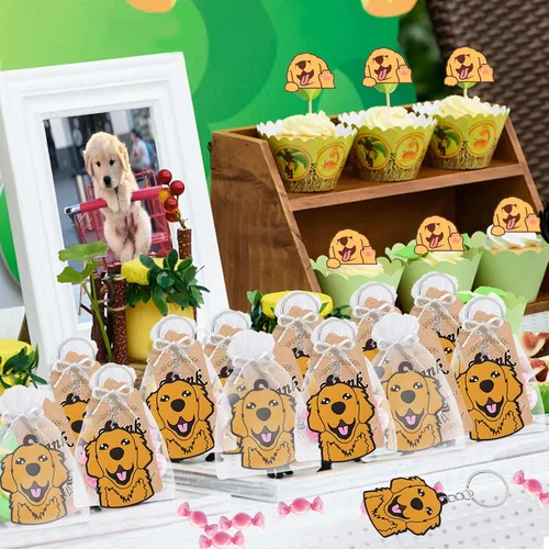 Vista 5 de CiciBear Paquete de 24 llaveros Golden Retriever para decoración de fiesta para cachorros Golden Retriever, animales de mascota, Let's Pawty, amante