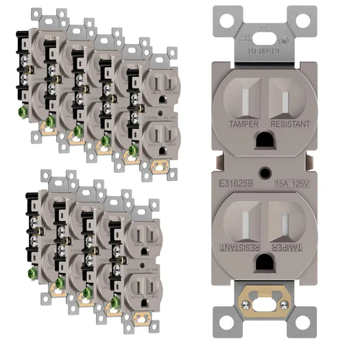 Vista 16 de ENERLITES Receptáculo dúplex, tomas de pared eléctricas resistentes a manipulaciones, grado comercial, 15A 125V, autoconectado, 2 polos, 3 cables