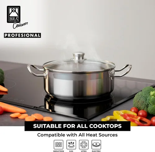 Vista 5 de BRA COOKWARE Olla profesional de acero inoxidable 18/10 con tapa de vidrio Olla profesional de 8 pulgadas de 2.4 cuartos de galón Base de 0.217