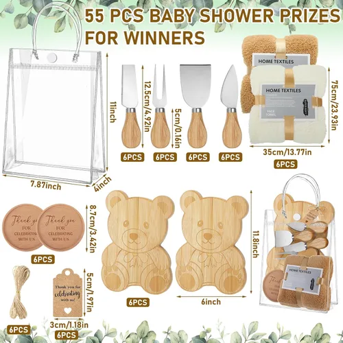 Vista 4 de 55 piezas de premios de baby shower para ganadores, 6 juegos de baby shower, regalos de invitados para tabla de quesos para adultos, cuchillos