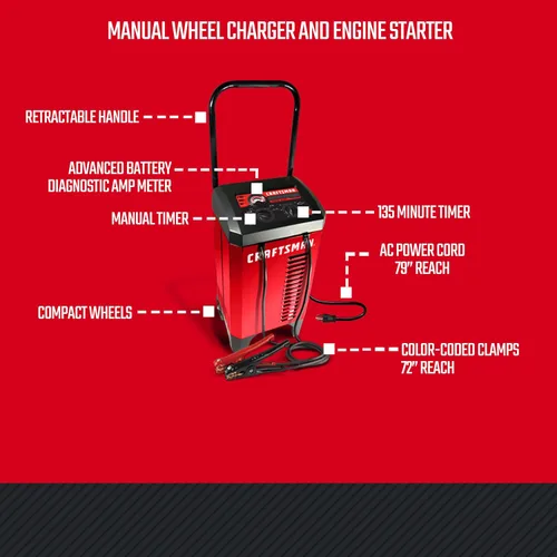 Vista 7 de CRAFTSMAN Cargador de batería de coche manual con ruedas 6A y arrancador de motor de 175A, solución 2 en 1, control por temporizador, impulso de 25