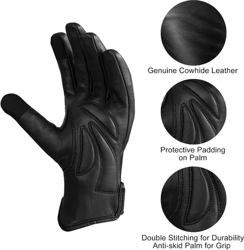 Vista 4 de Guantes de cuero para montar en motocicleta para hombres y mujeres, con pantalla táctil, guantes térmicos impermeables de invierno, guantes cálidos
