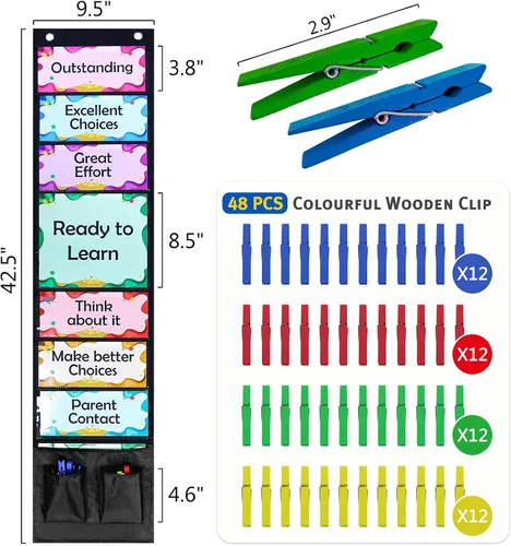 Vista 3 de Ranslen Tabla de clips de comportamiento estudiantil para gestión de aulas, tabla de bolsillo de recompensa, para colgar tablón de anuncios creativo