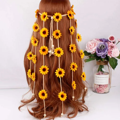 Vista 3 de WLBON Diadema de girasol de Halloween, hippie bohemio, margarita, diadema, corona, corona floral, diadema para mujer, boda, vacaciones, festival