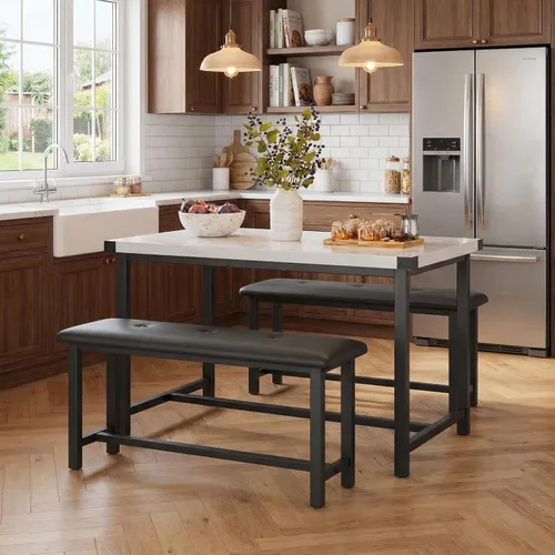 Vista 2 de GarveeHome Juego de mesa de comedor para 4, mesa de cocina con 2 bancos tapizados, juego de comedor de cocina de madera, para espacios pequeños