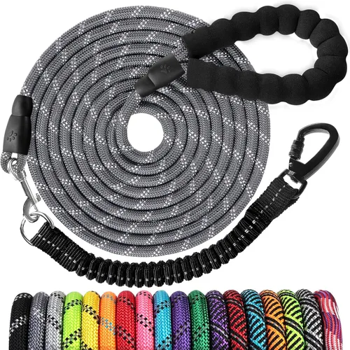 Vista 45 de Correa de perro de cuerda de 3 pies: correa resistente con gancho giratorio bloqueable, hilos reflectantes, bungee y asa acolchada - Correa