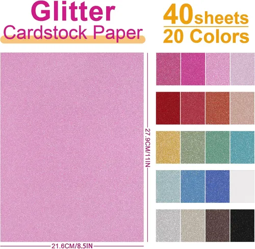 Vista 2 de 40 hojas de papel de cartulina con purpurina de 20 colores - 21,6 x 27,9 cm, 250 g/m²/92 lb, cartulina gruesa de peso pesado y colorida