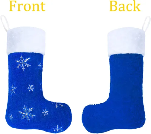 Vista 5 de 1 paquete de medias de Navidad personalizadas con nombres, 22 pulgadas, bordado personalizado, de piel sintética, negro y azul, con copos de nieve