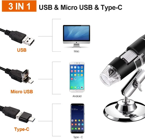 Vista 2 de Microscopio digital USB 40X a 1000X, cámara endoscopio de aumento de 8 LED con estuche de transporte y soporte de metal, compatible con Android