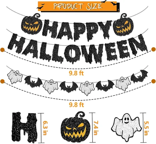 Vista 2 de Cartel de Feliz Halloween, guirnalda de papel para colgar, decoración de calabaza sangrienta, telón de fondo de fotos para pared, hogar, manto