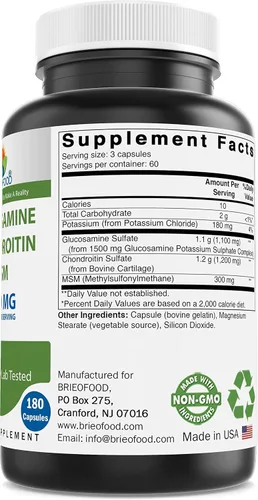 Vista 2 de Brieofood Triple fuerza glucosamina condroitina MSM 2600 mg/cápsulas para servir, apoya articulaciones saludables, cartílago y tejido conectivo