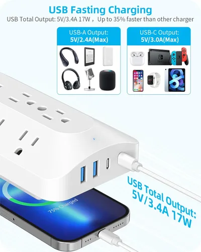 Vista 5 de Extensor de 9 salidas de CA, toma de pared de enchufe múltiple con USB C Plug Adapter with USB Wall Charger (2 USB-C Ports), Surge Protector Power