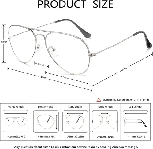Vista 6 de Gafas de aviador clásicas para mujeres y hombres, marco de metal retro, lentes transparentes sin receta, 2.283 in
